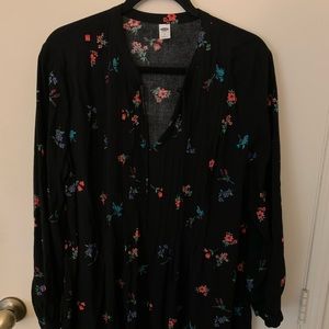 3/4 Sleeve Black Floral Dress with Front Pleats